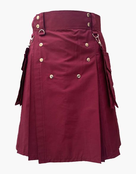 Men's Burgundy Utility Kilt With Detachable Pockets