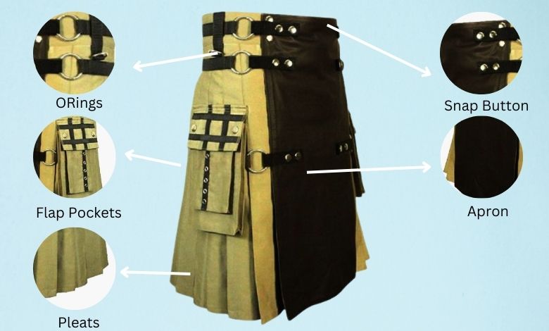 Mens Khaki Hybrid Kilt with Black Leather Apron