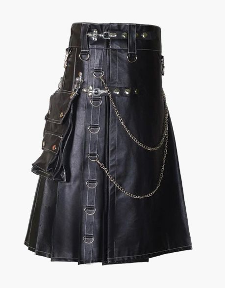 Stylish Mens Black Leather Gothic Kilt