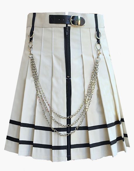 Modern White Pleated Mini Gothic Kilt with Black Straps