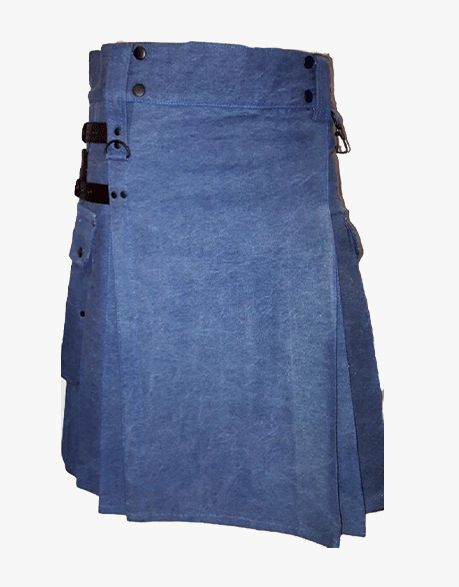 Men's Blue Denim Kilt with Black Straps