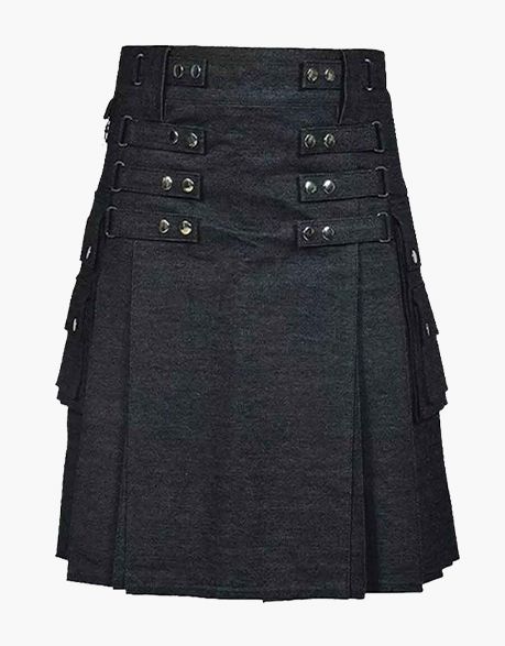 Scottish Black Denim Kilt with Stylish Apron