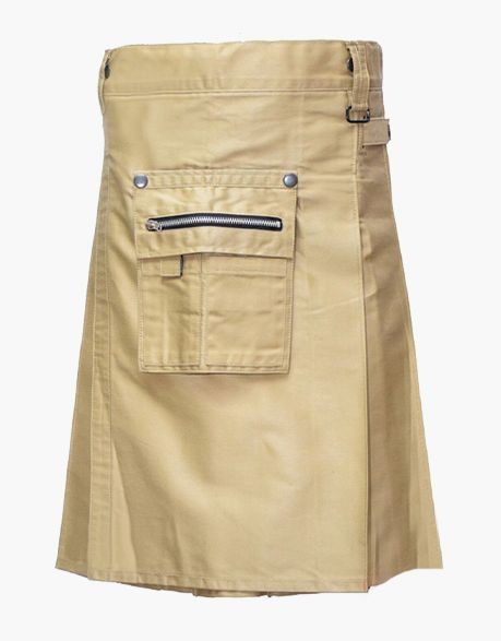 Khaki Utility Kilt With Front Zip Pocket