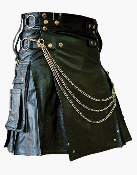 Men's Fashion Black Gothic Leather Kilt With Chains