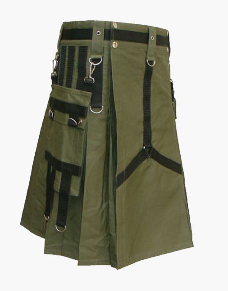 Men's Olive Green Utility Kilt with Black Straps