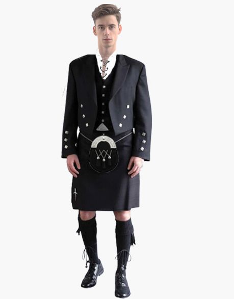 Complete Gents black spirit prestige kilt outfit - Prince Charlie Outfit