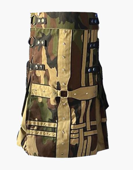 Mens Gothic Woodland Camo with Khaki Hybrid Kilt