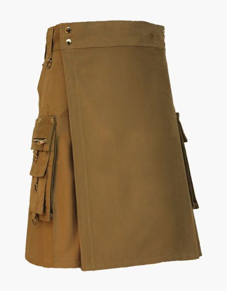 Men's Gothic Khaki Utility Kilt with Decorated Pockets