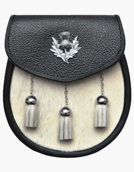 White Bovine Cowhide Leather Kilt Sporran with 3 Tassels