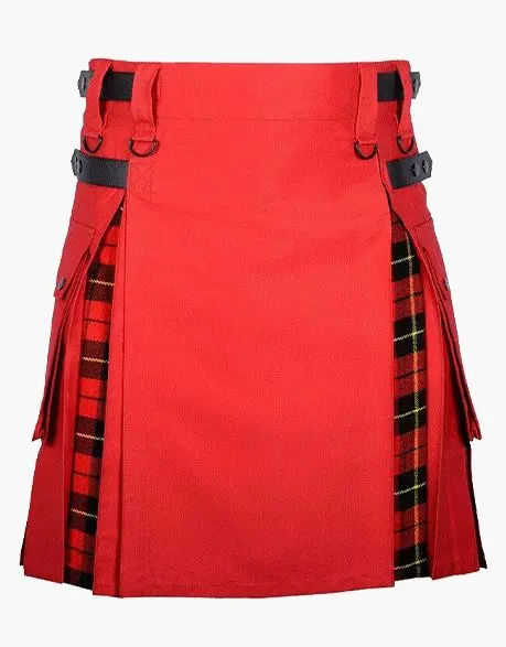 Red And Wallace Tartan Hybrid Kilt With Leather Straps